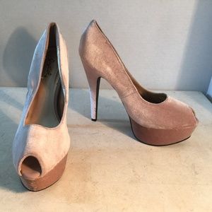 Qupid Pale Pink Velour Peep Toe Platform Heels